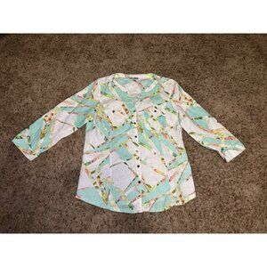 JM Collection 100% Linen Vneck Blouse Top Abstract Print Buttons Roll Tab Sz 10